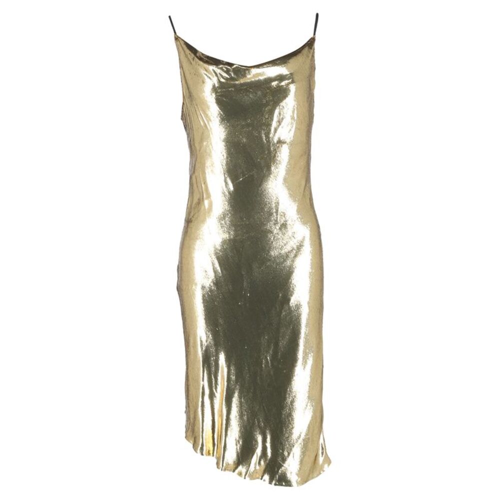 Petar Petrov Alena Draped Lamé Midi Dress in Metallic Gold Polyester